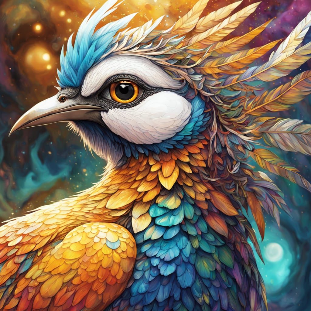 Exotic Bird in Vibrant Utopia, Digital Painting in Rainbow M...