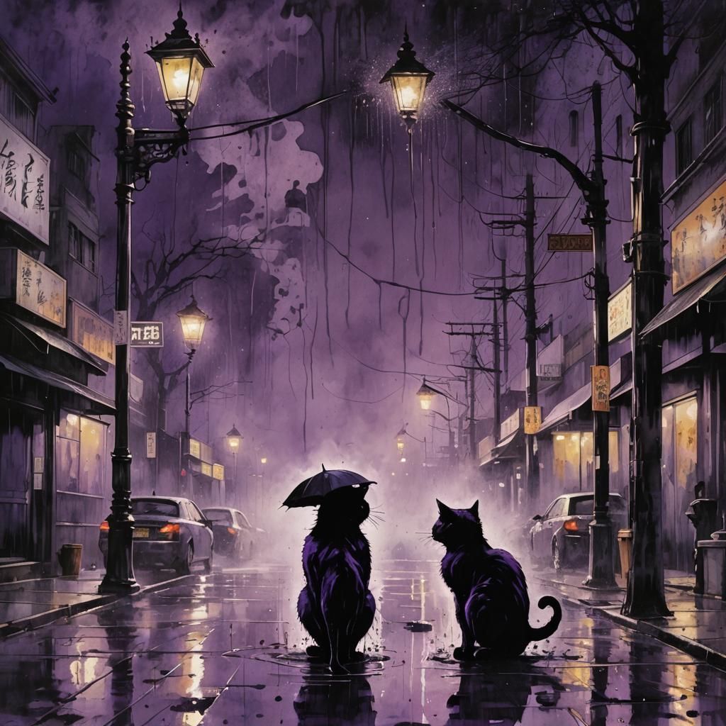 Noir Cat in Rainy City: Japanese Ink Art
