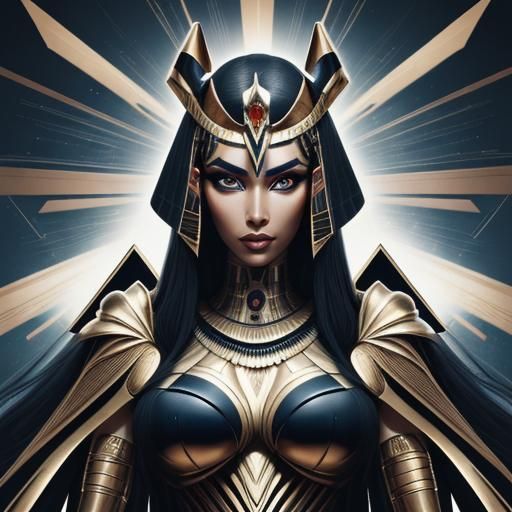 A futuristic Egyptian landscape stretches out before Cleopat...