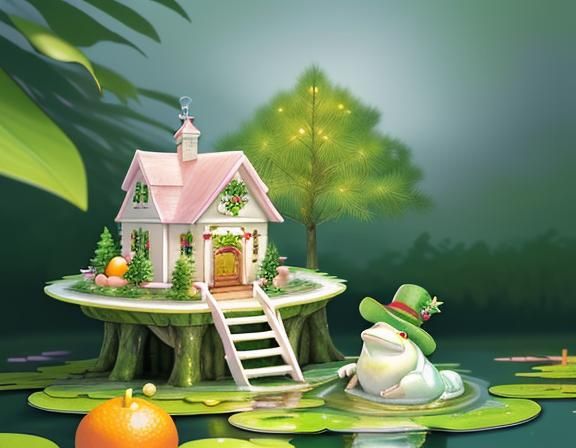White Frog in Fedora Visits Pink Cottage