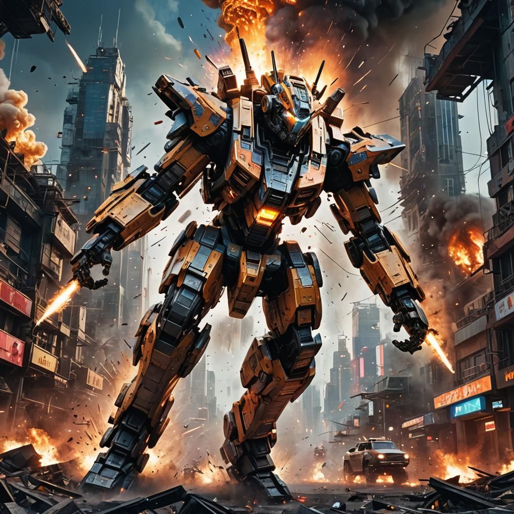 Futuristic City Mecha Battle in Sci-Fi Style