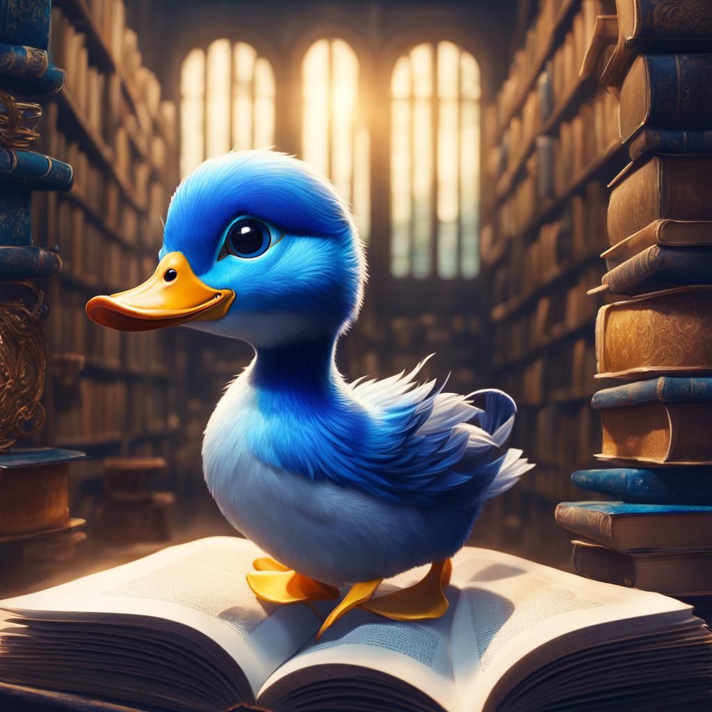 Mythical Blue Duck Emerges from Book, Digital Art