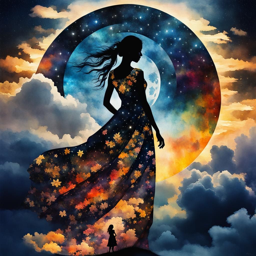 Fantasy Watercolor: Maiden of Sun, Clouds, and Night