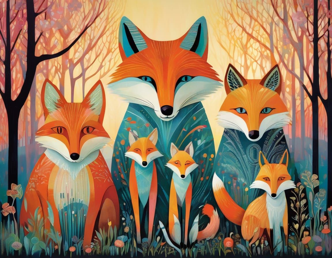Whimsical Family of Foxes in Pastel Hues