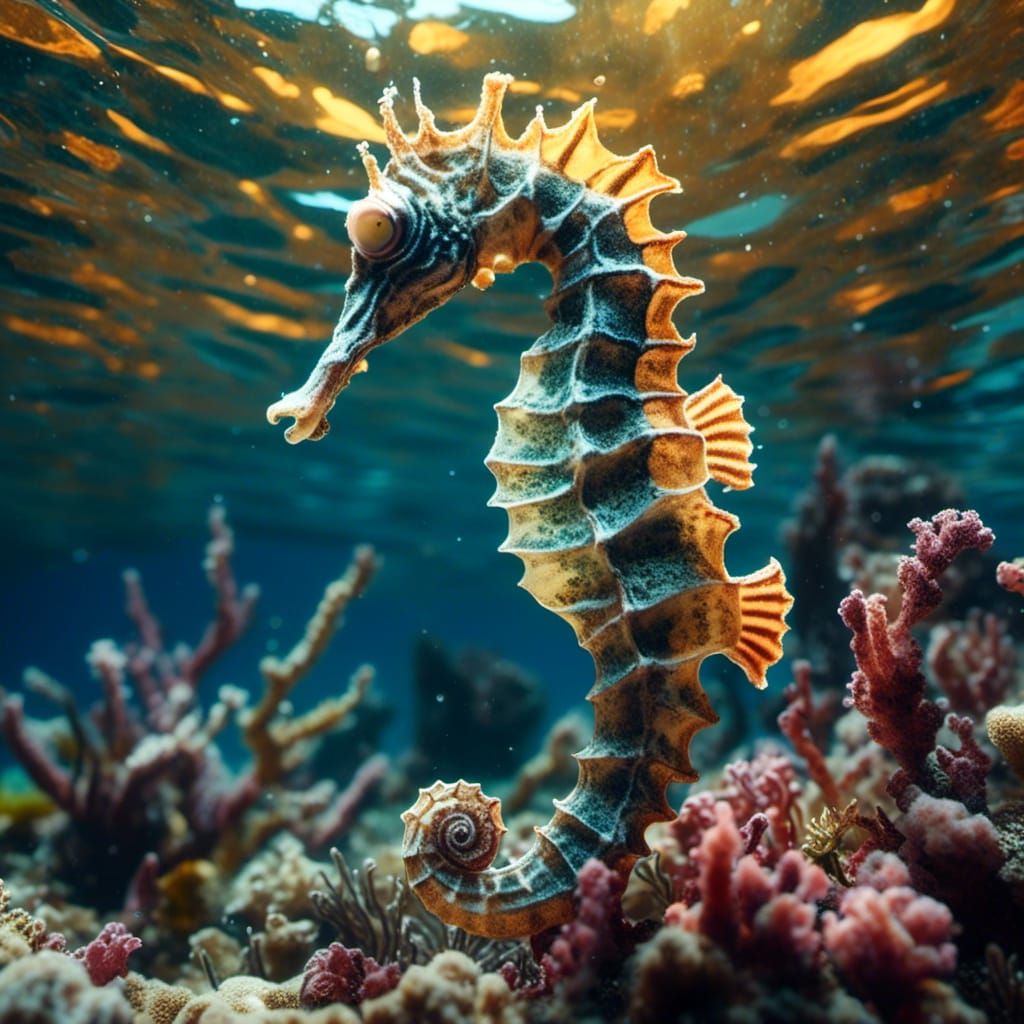 Hyperrealistic Macro Photograph of Seahorse in Coral Reef