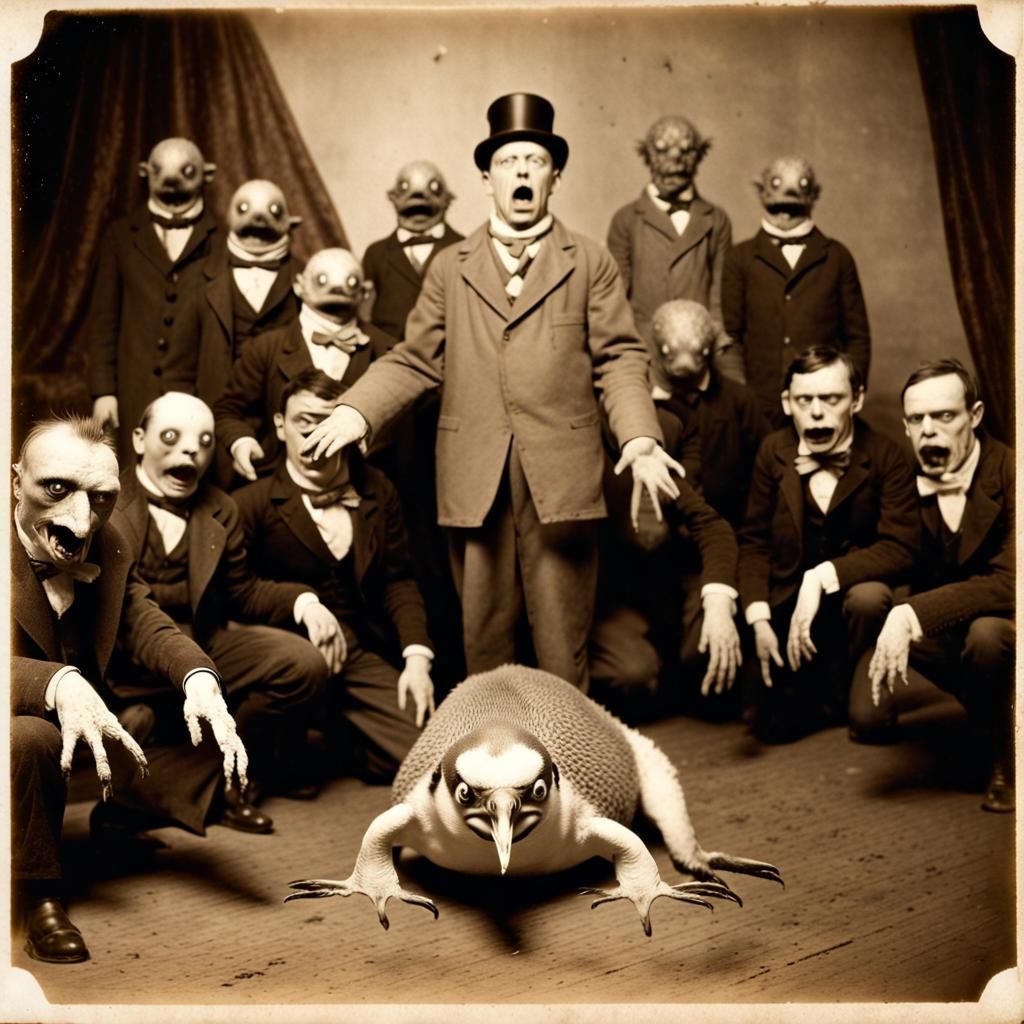 Surreal Sepia Photo of Undead Monster and Penguin