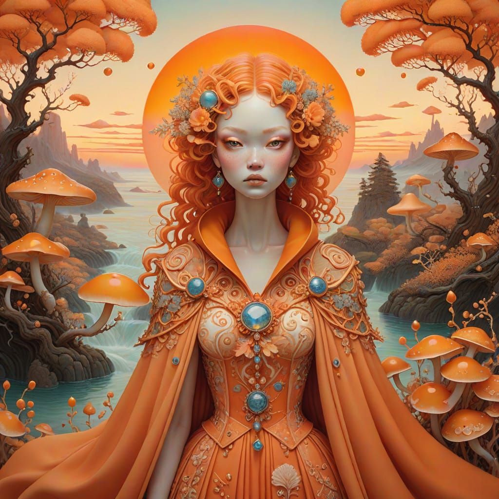 Mystical Orange Goddess in Dreamlike Landscape