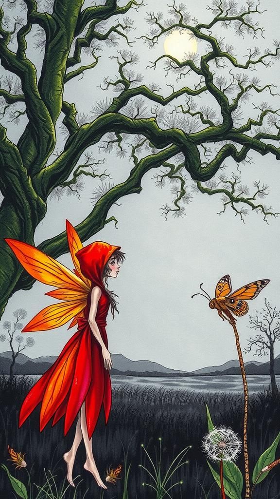 Red-Cloaked Fairy in Autumnal Rayograph Scene