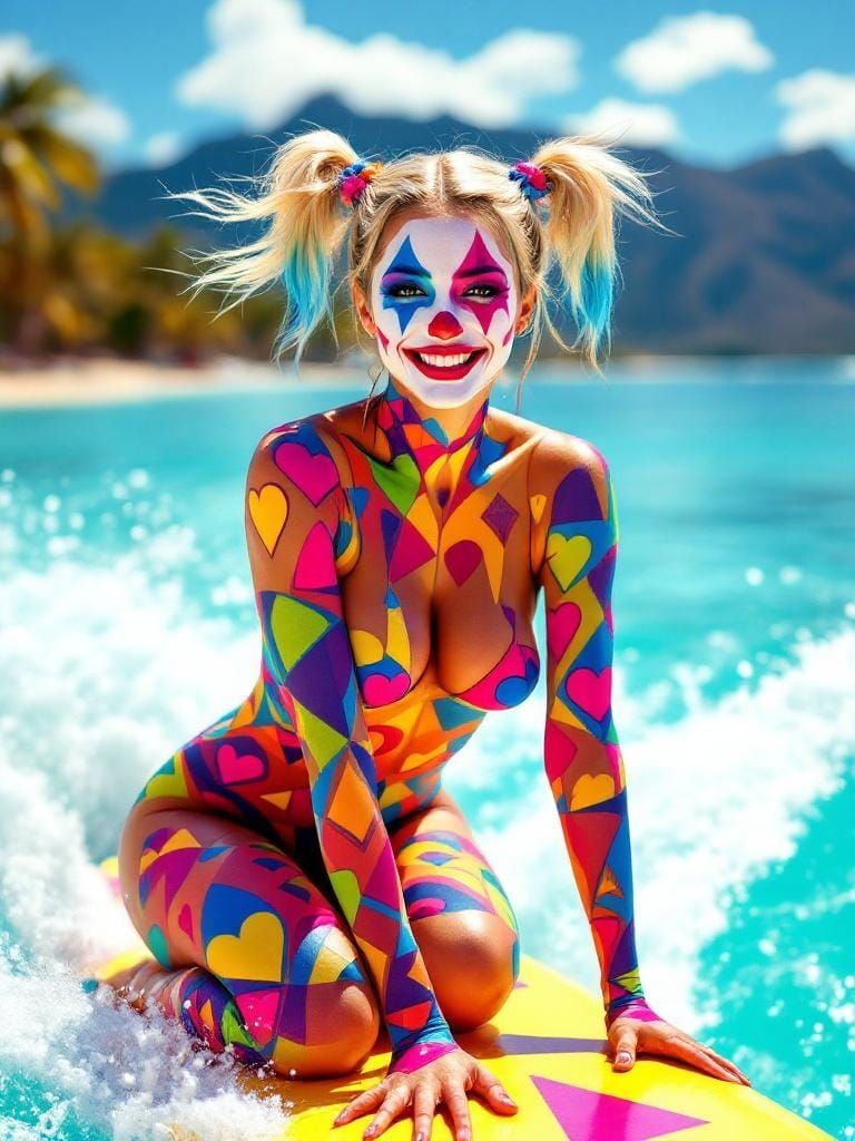 Woman Surfing with Harlequin Body Paint in Pop Art Style