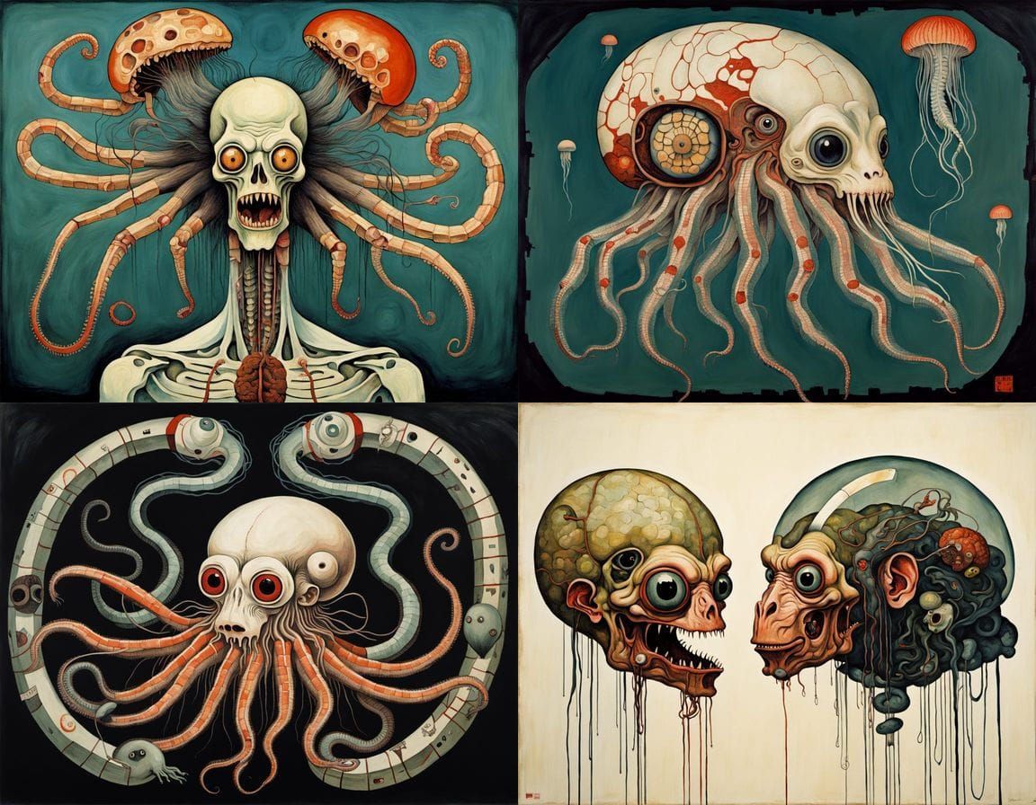 Surreal Egon Schiele Style Mutant Horror in Ukiyo-e Aestheti...