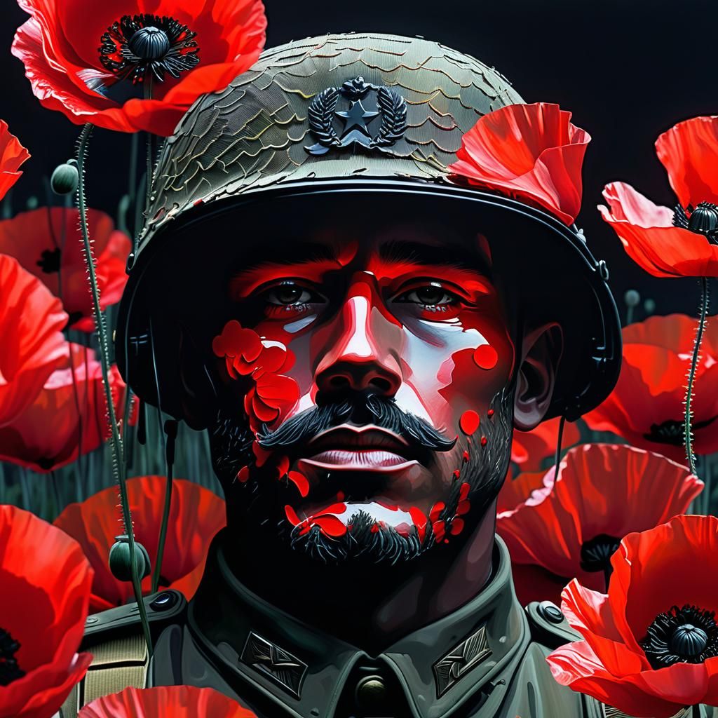 Surreal Soldier in Poppy Field: Double Exposure Oil Painting