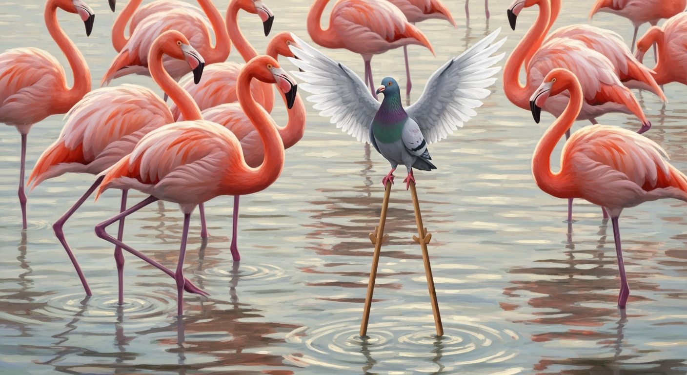 Whimsical Flamingo Flock Photo with Hidden Pigeon