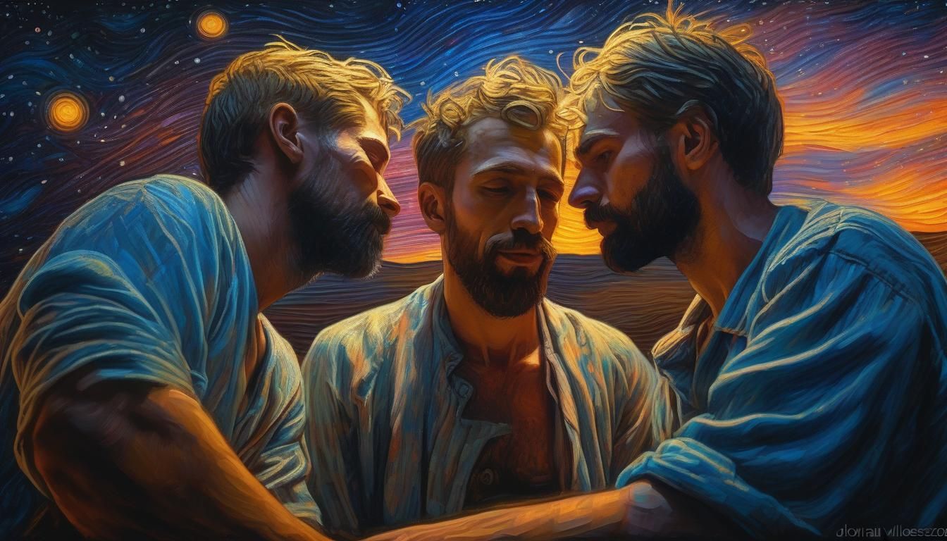 Loving Men Toasting Under Starry Sky as Oil Painting