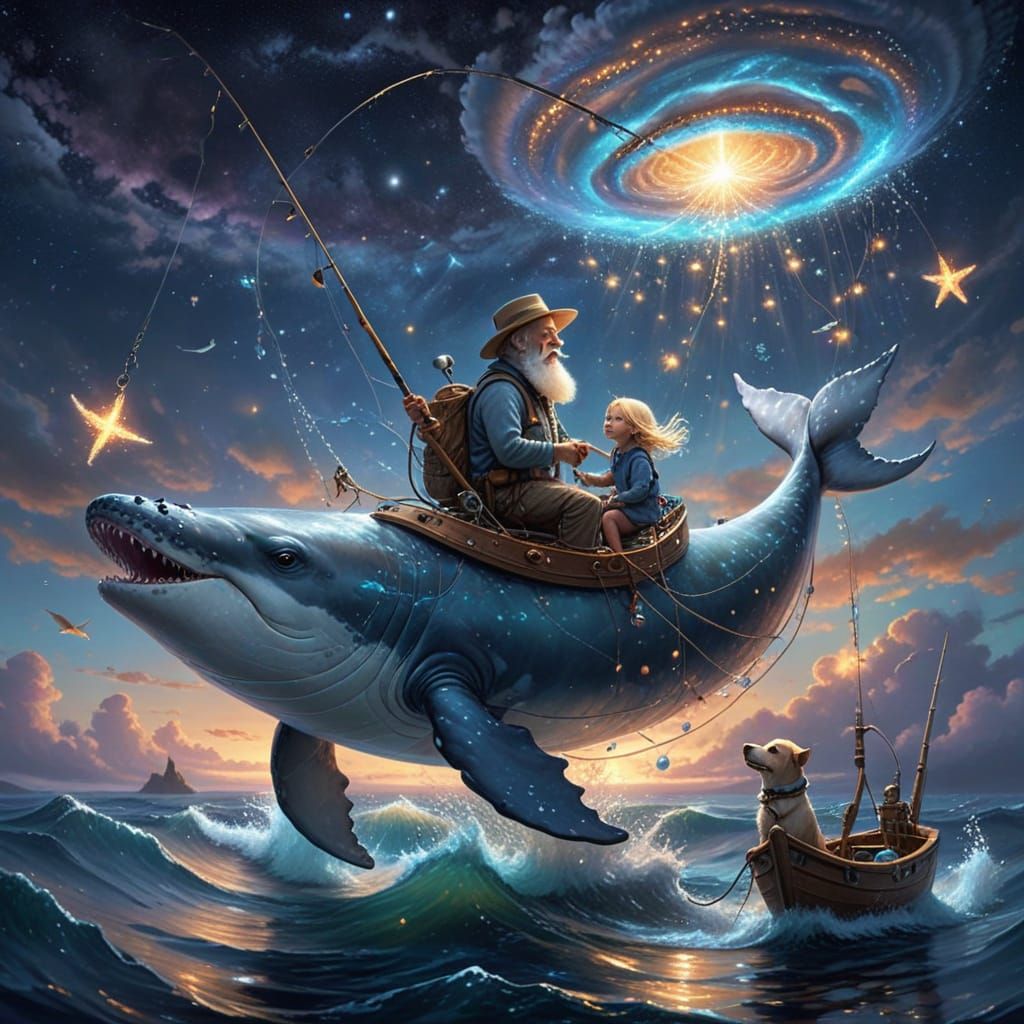 Grandfather and Granddaughter Ride Magical Whale Through Gal...