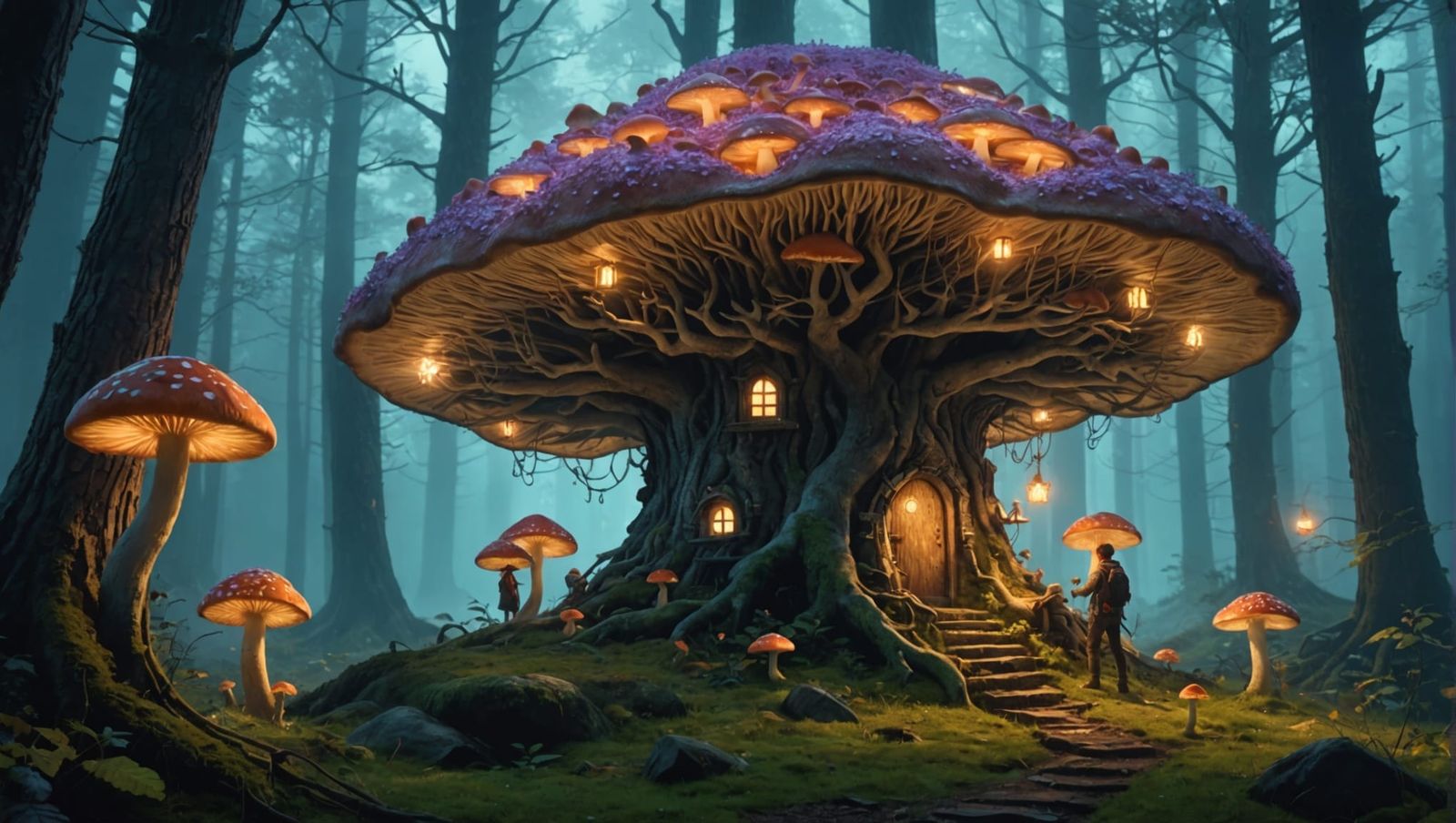 Mystical Forest Scene with Antlered Humans