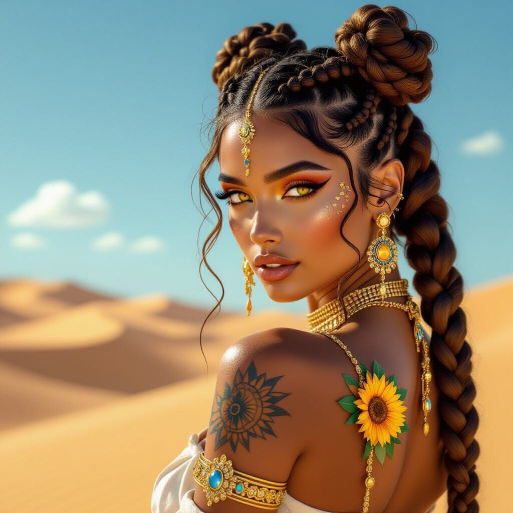 Golden Hour Portrait of Braided Woman in Desert Landscape
