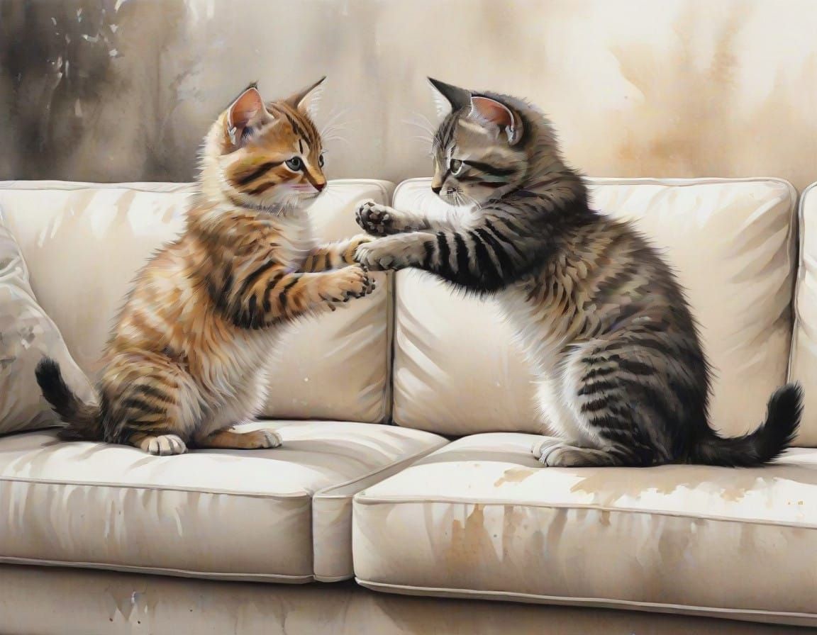 Kittens Engage in Intense Standoff on Sofa