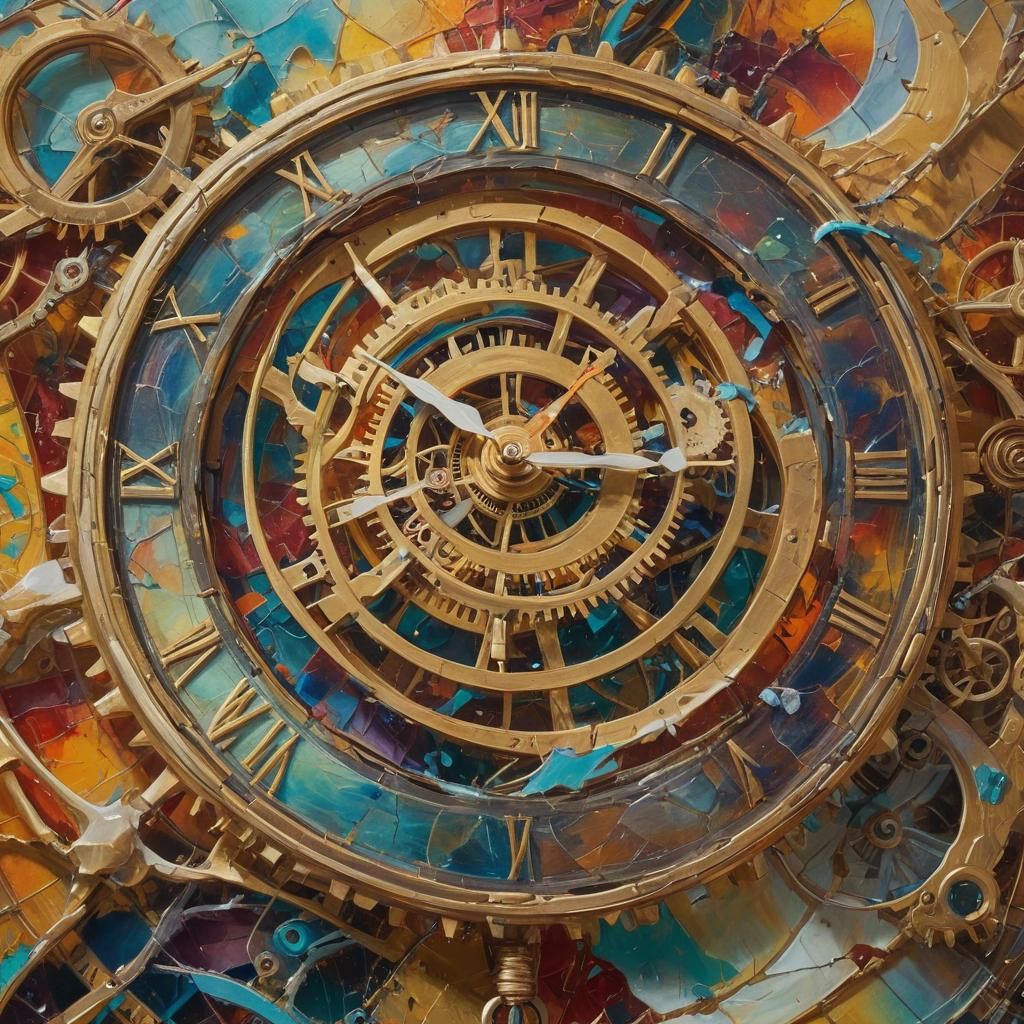 Surreal Broken Clock in Colorful Vortex, Oil Painting