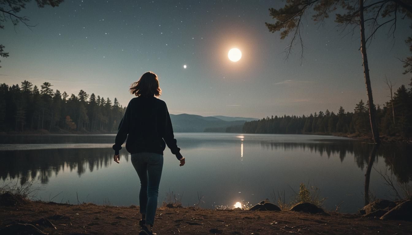Girl Chasing Light from Woods to Lake