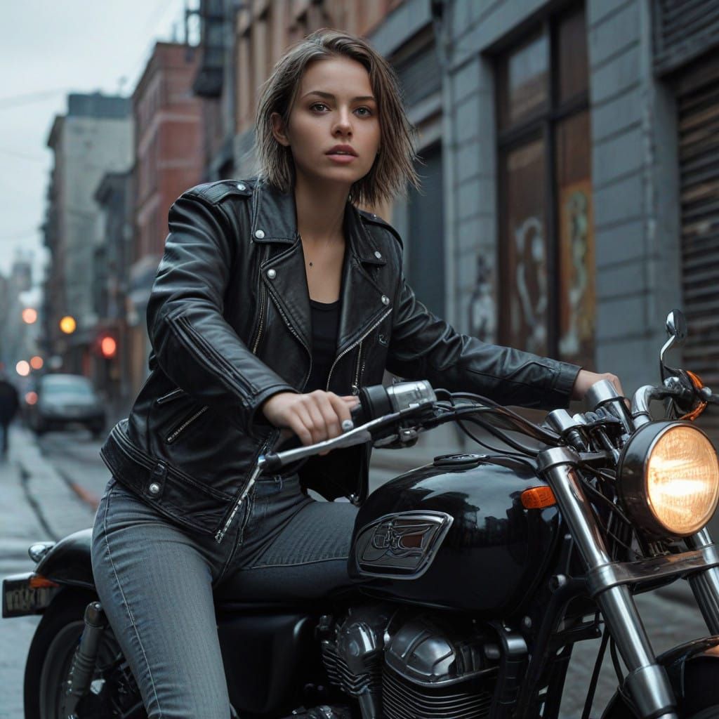 Young Woman Rides Hyperrealistic Motorbike in Moody, Cinemat...