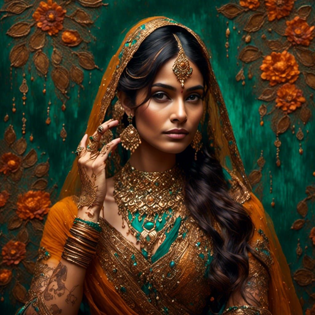 Indian Bride Portrait with Henna in Amber and Emerald