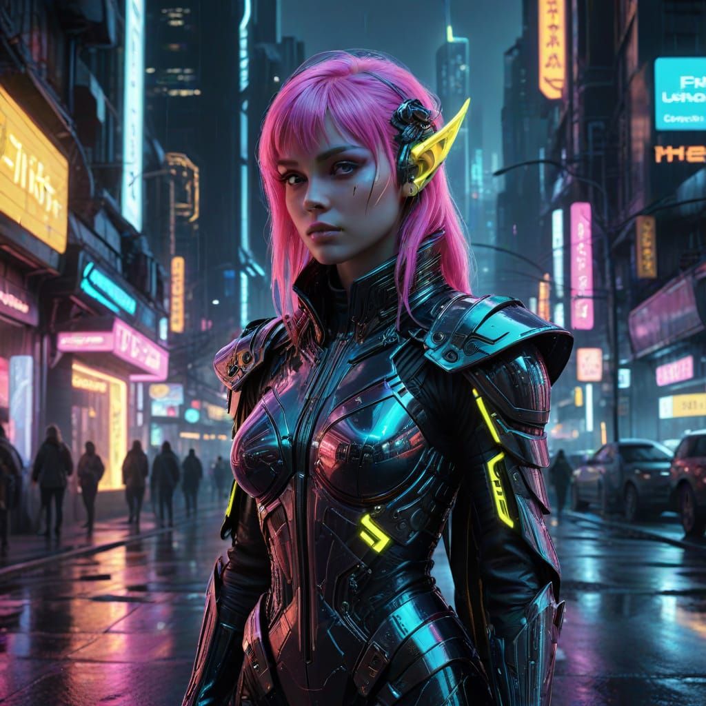 Cyberpunk Elf in Vibrant Cityscape