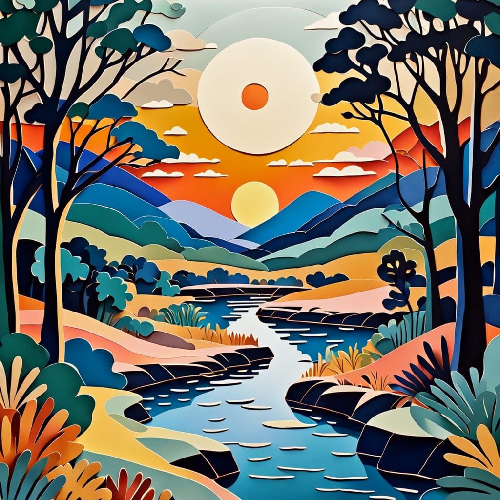 Landscape Made of Colorful Paper Cutouts in Collage Art