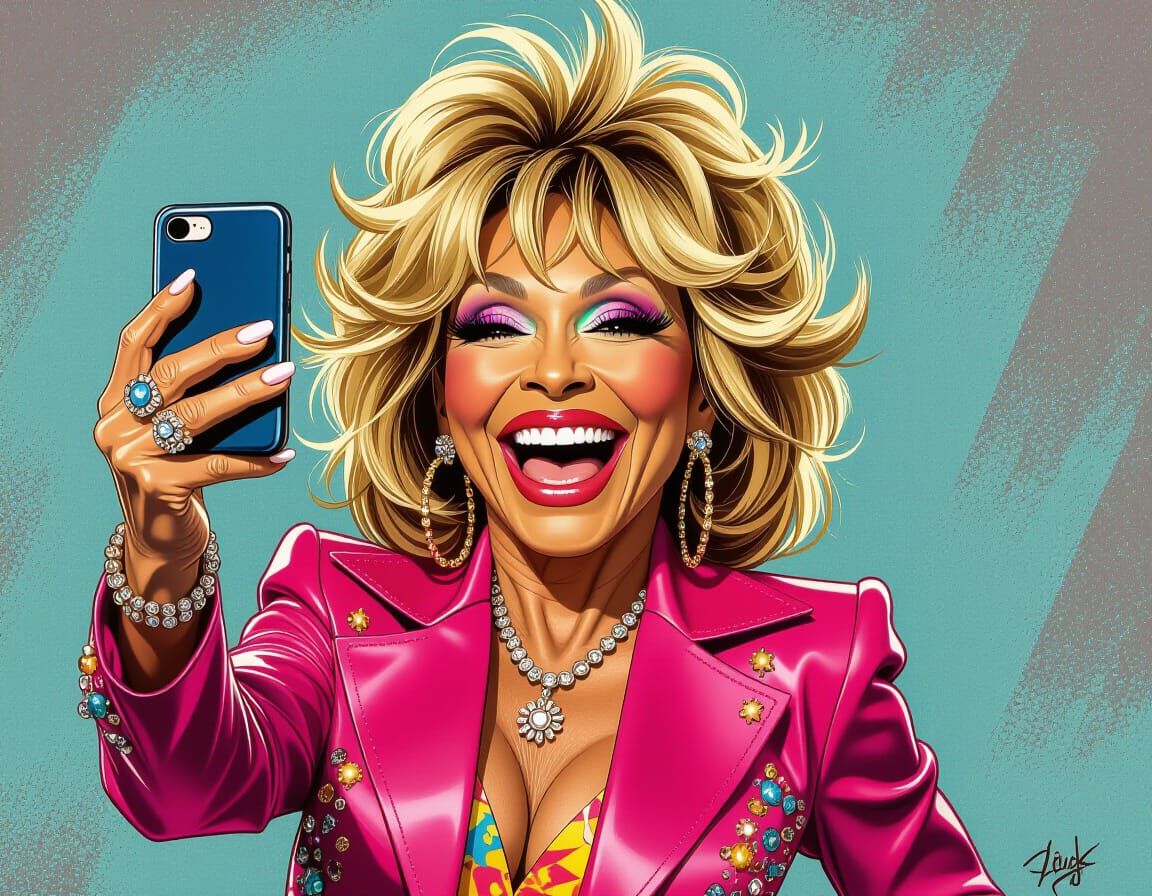 Tina Turner Selfie Caricature with Exaggerated Features