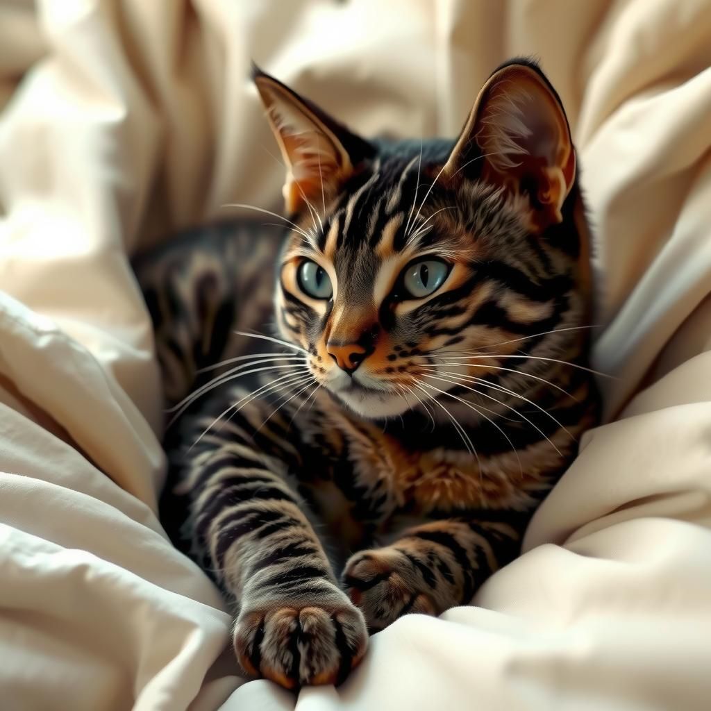 Realistic Tabby Cat Lounging on a Bed