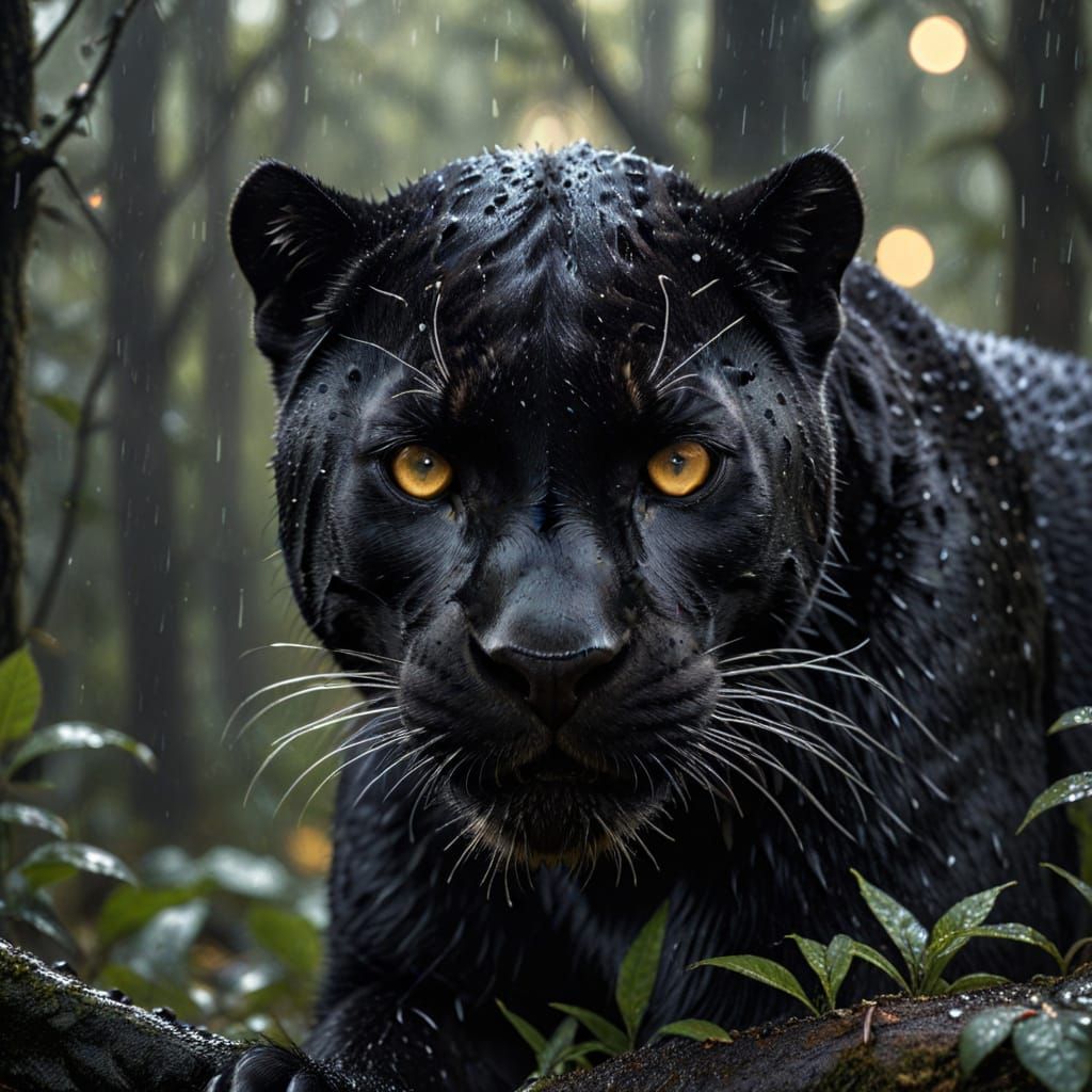 Black Panther in Rainy Forest: Wildlife Photography