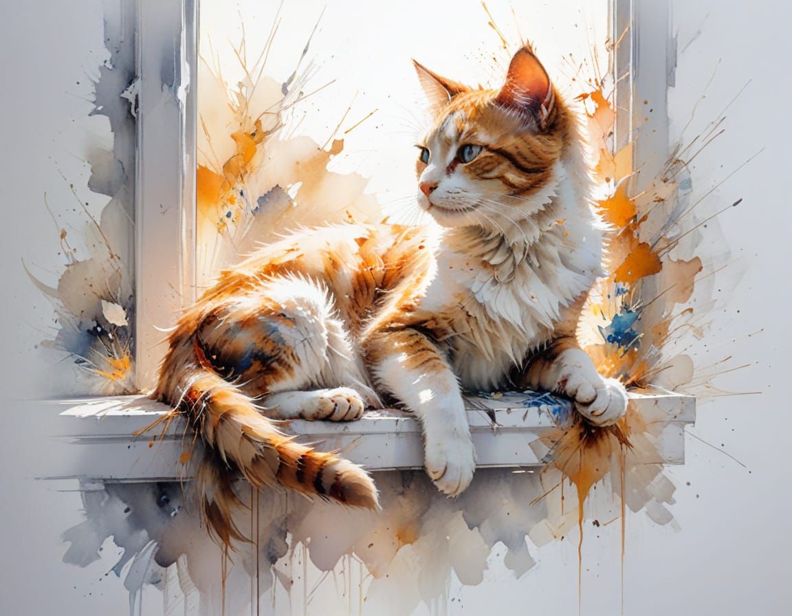 Amber Cat on Sunlit Ledge, Stylized Watercolour