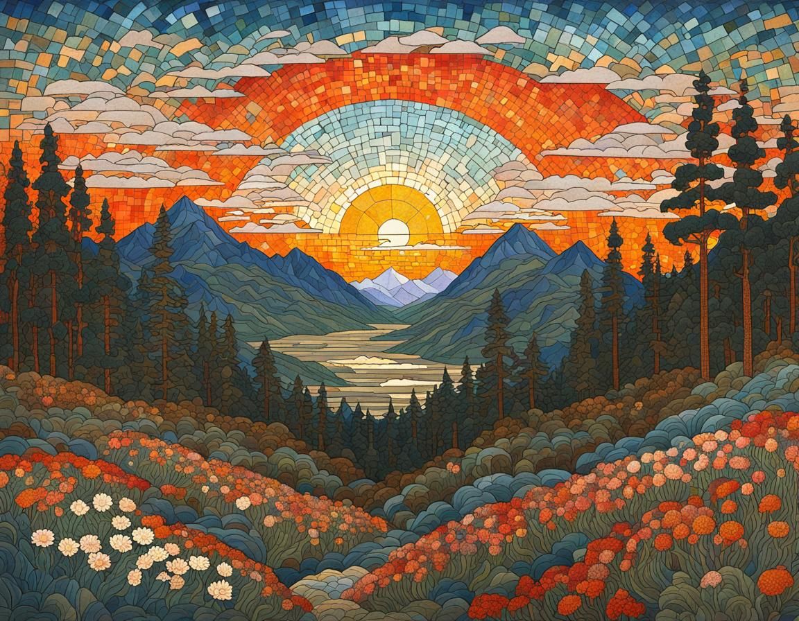 Floral Sunset Landscape in Bilibin Style