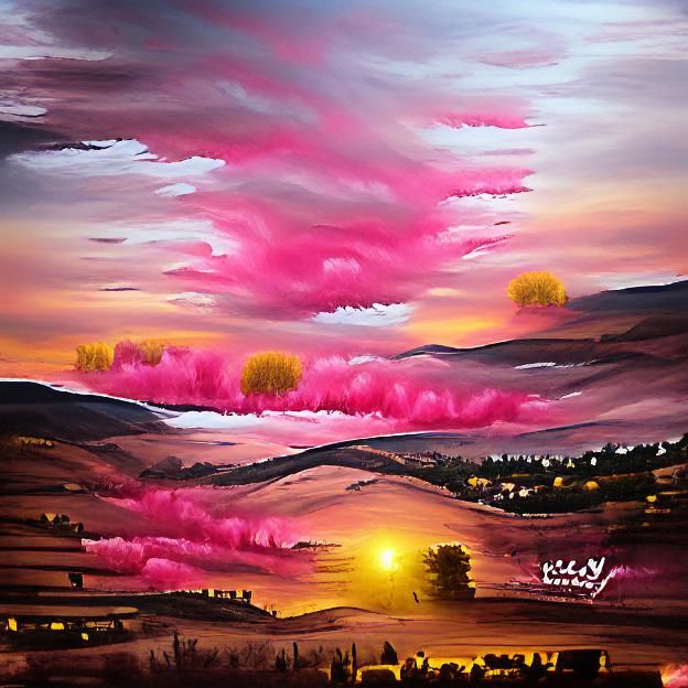 Pink Sunset Over Golden Valley in Acrylic Art