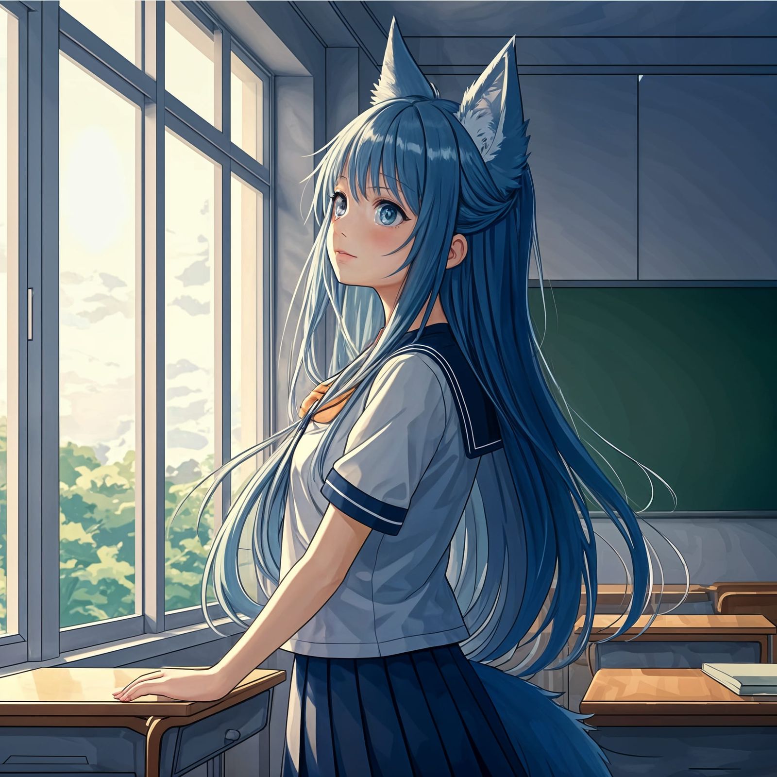 Anime Wolf Girl Daydreaming in Ghibli Style
