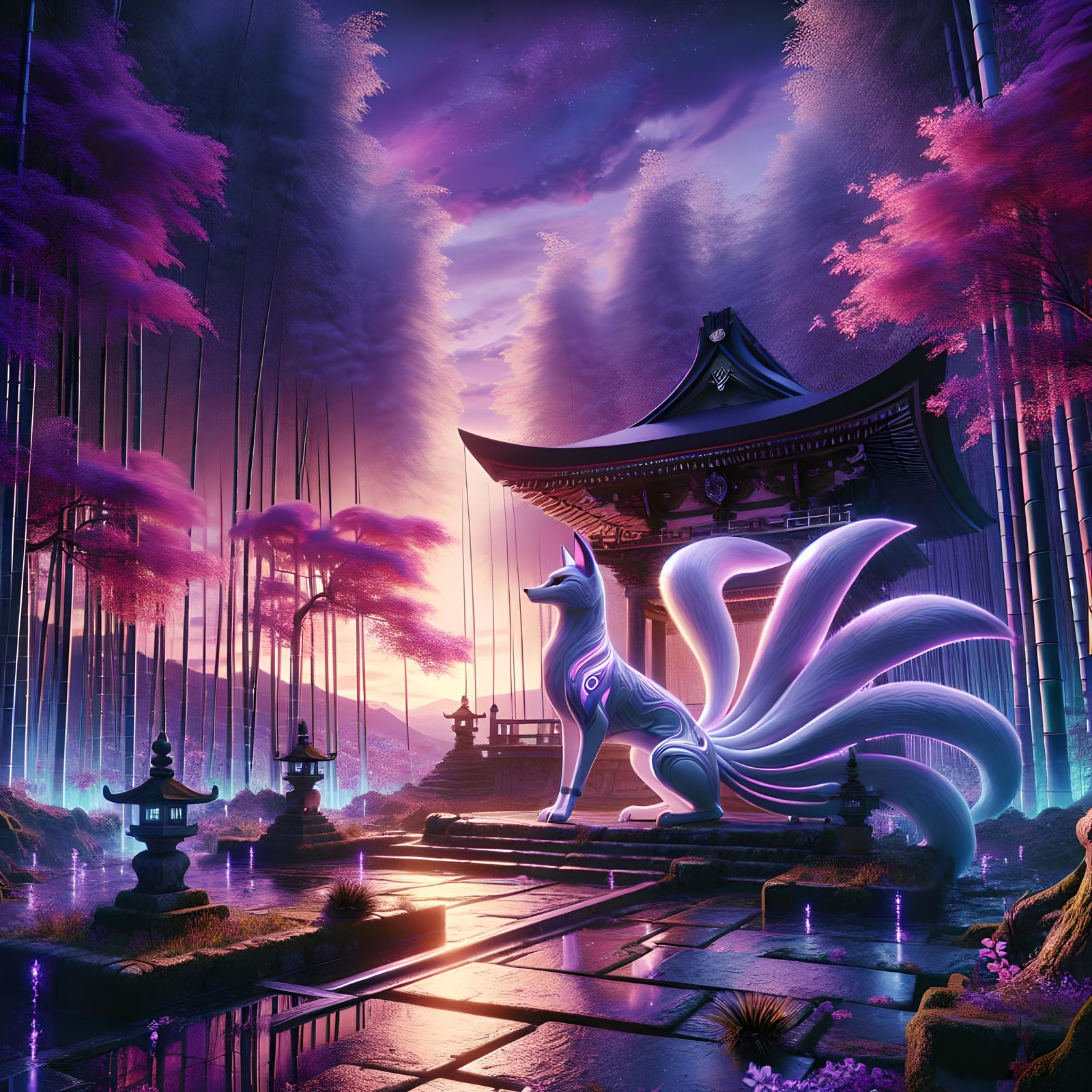 Majestic Kitsune at Shrine: Anime Atompunk Dreamscape