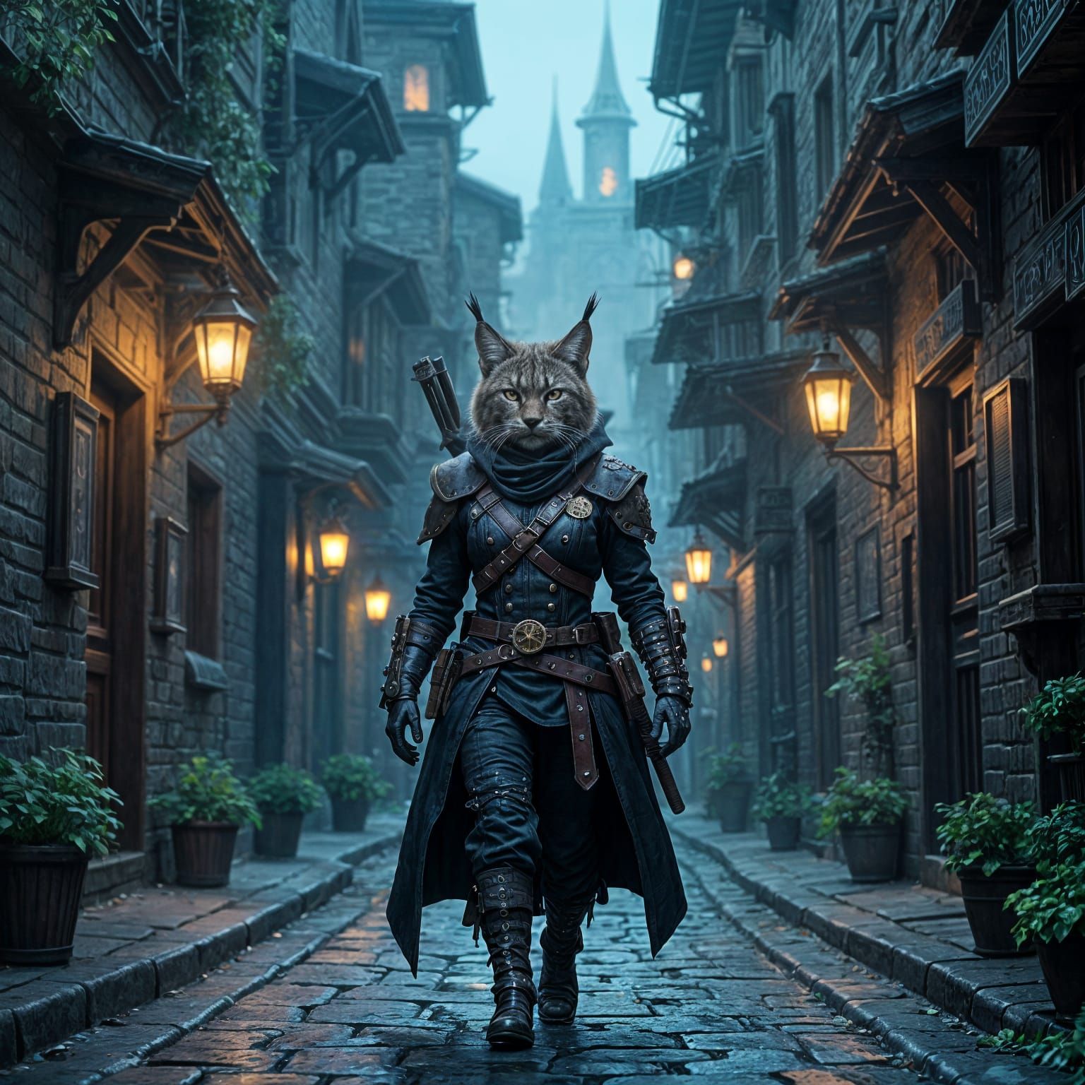 Tabaxi Rogue in Steampunk City Alleys