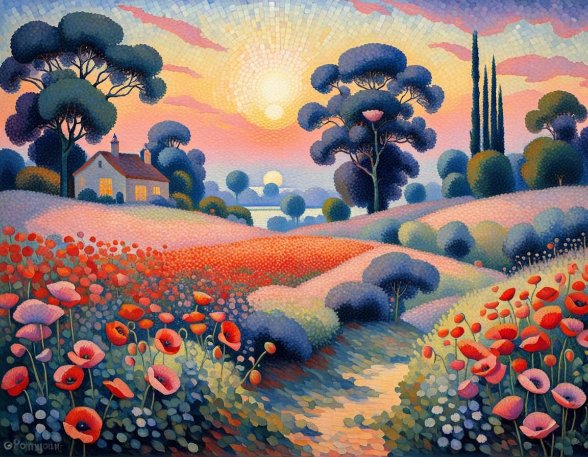 Poppies in Evening Light: A Pointillist Landscape