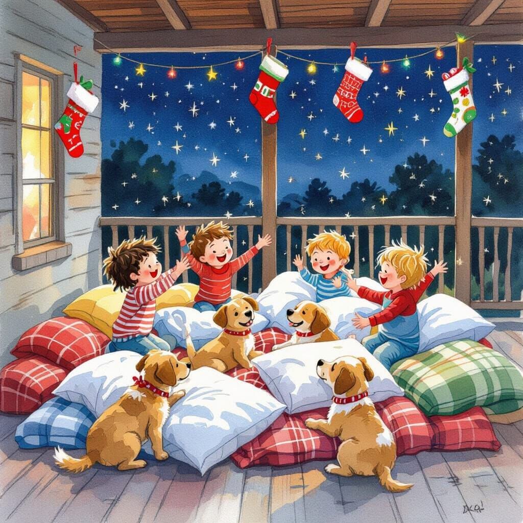 Children's Pillow Fight on Farmhouse Verandah in Starry Bush...