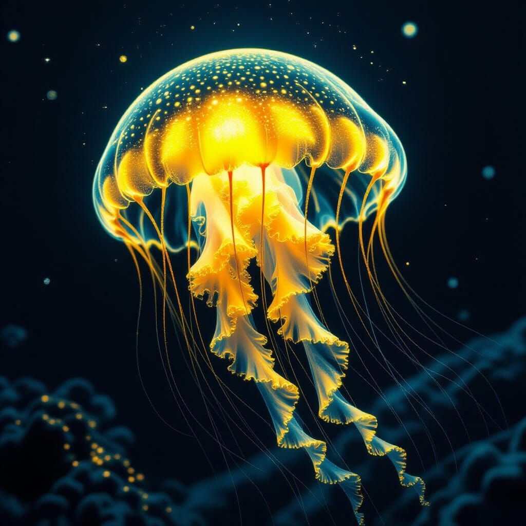 Glowing Yellow and Black Jellyfish in Dark Waters