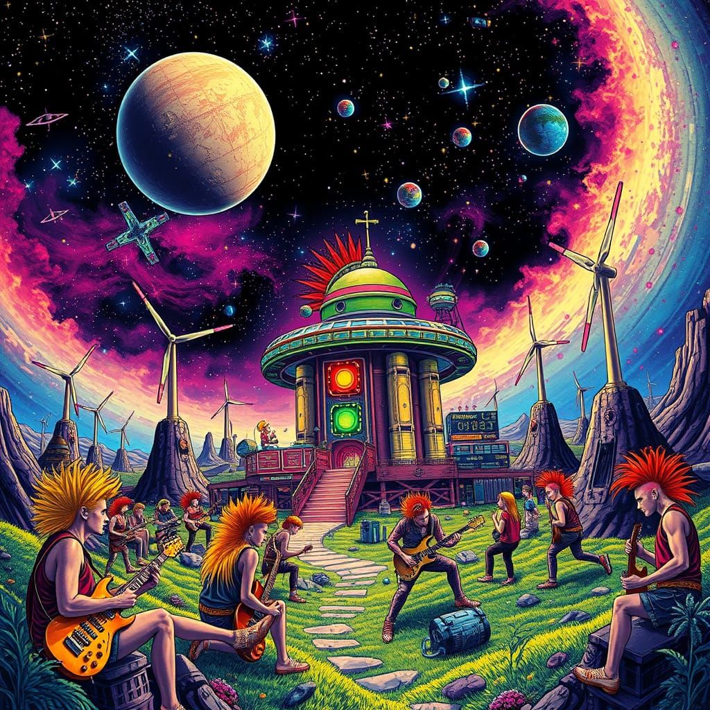 Eco-Friendly Space Commune in Vibrant Starry Galaxy