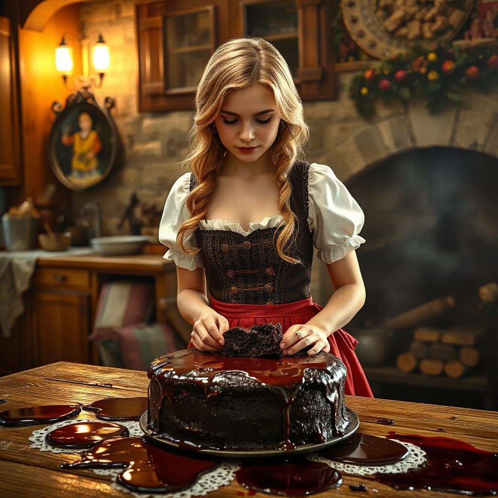 Young Woman Baking Cake in Cozy Medieval Kitchen