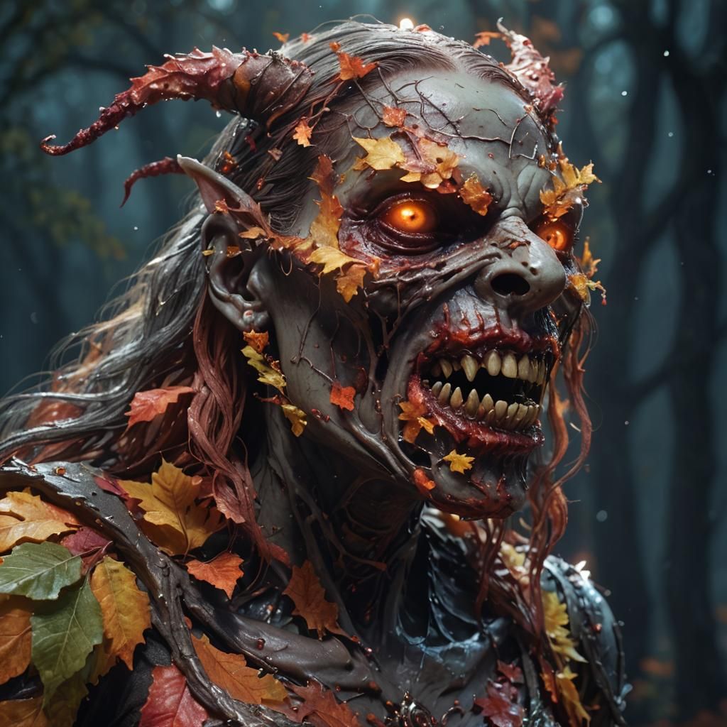 Zombie Witch in Autumn Foliage: 3D Visualization