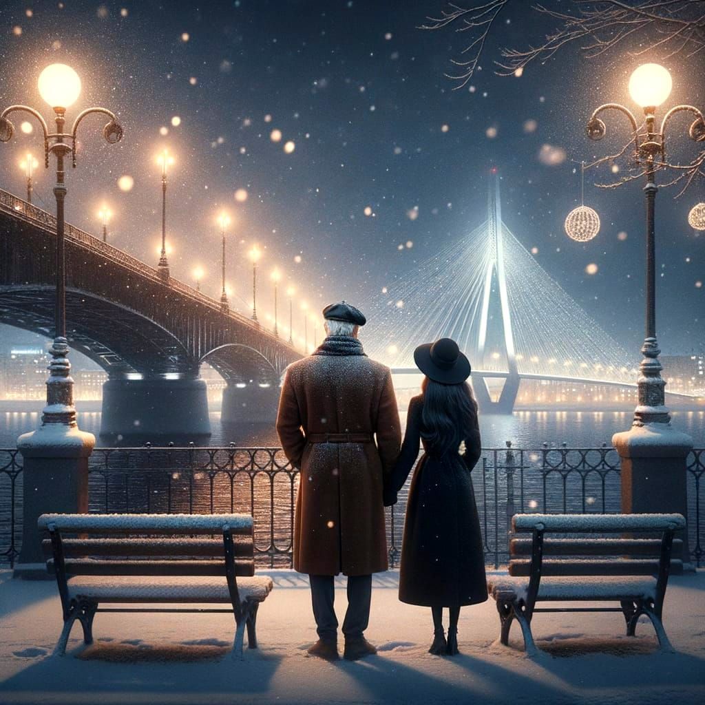 Serene Winter Night Scene by the River in a Cyberpunk Aesthe...