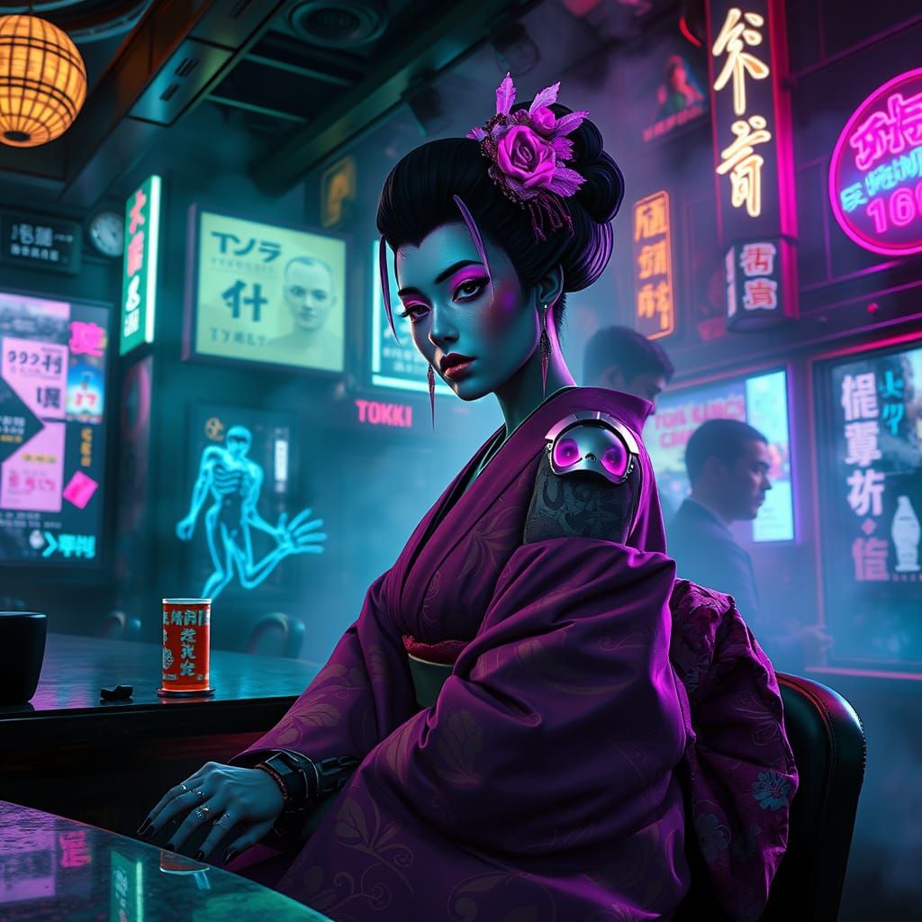 Cyberpunk Geisha in Futuristic Tokyo Bar