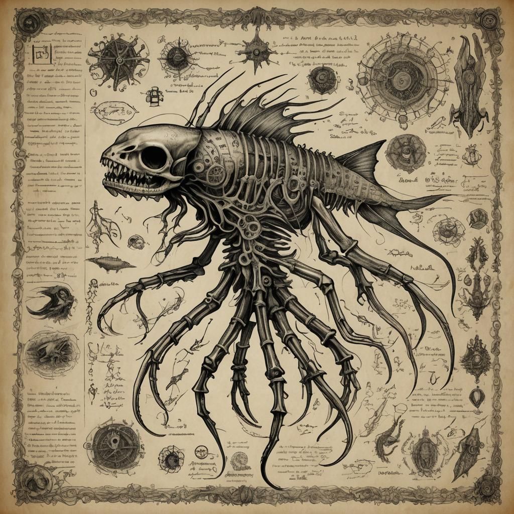 Lovecraftian Fish Monster Skeleton Anatomical Drawing