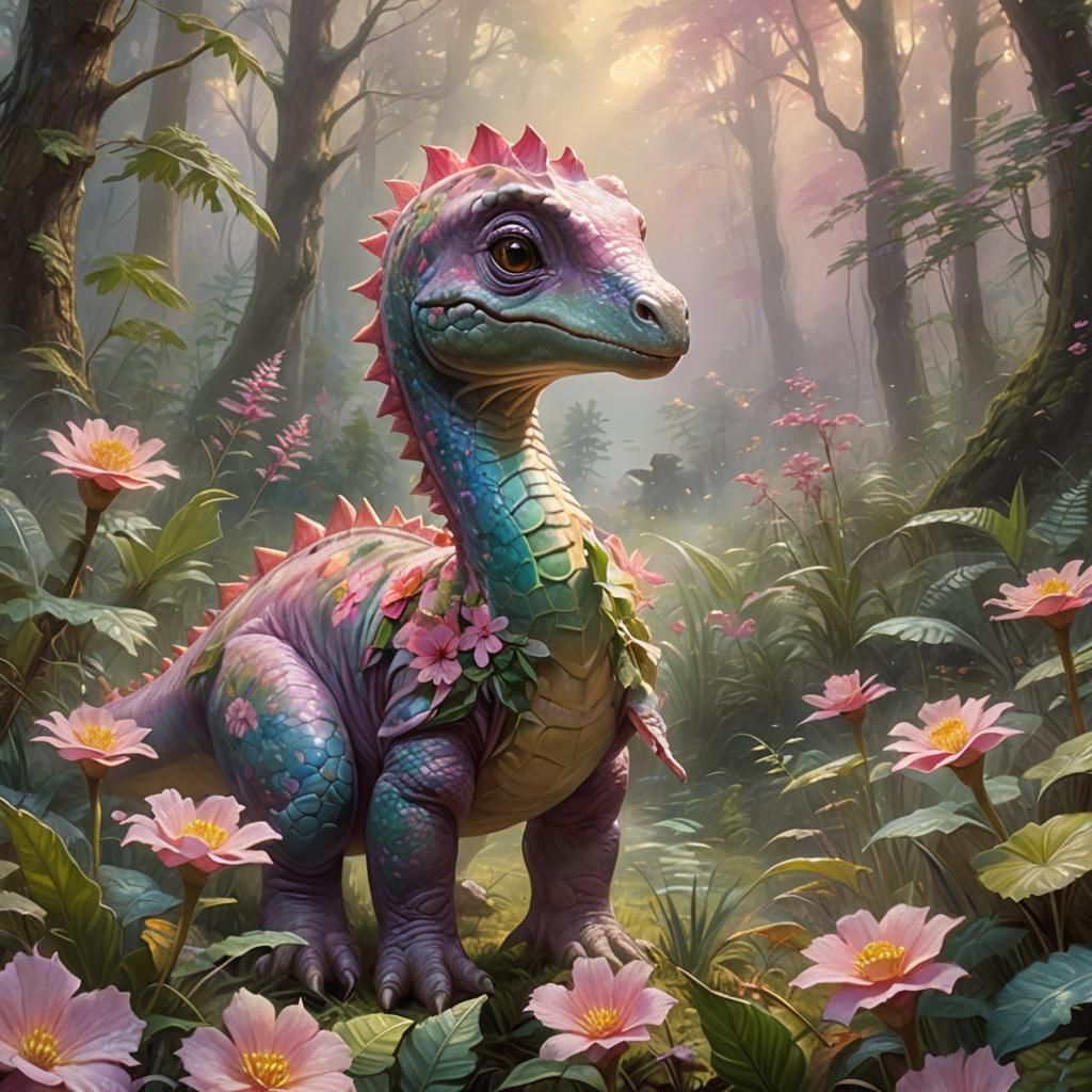 Dinosaur in Pink Dress in Misty Forest