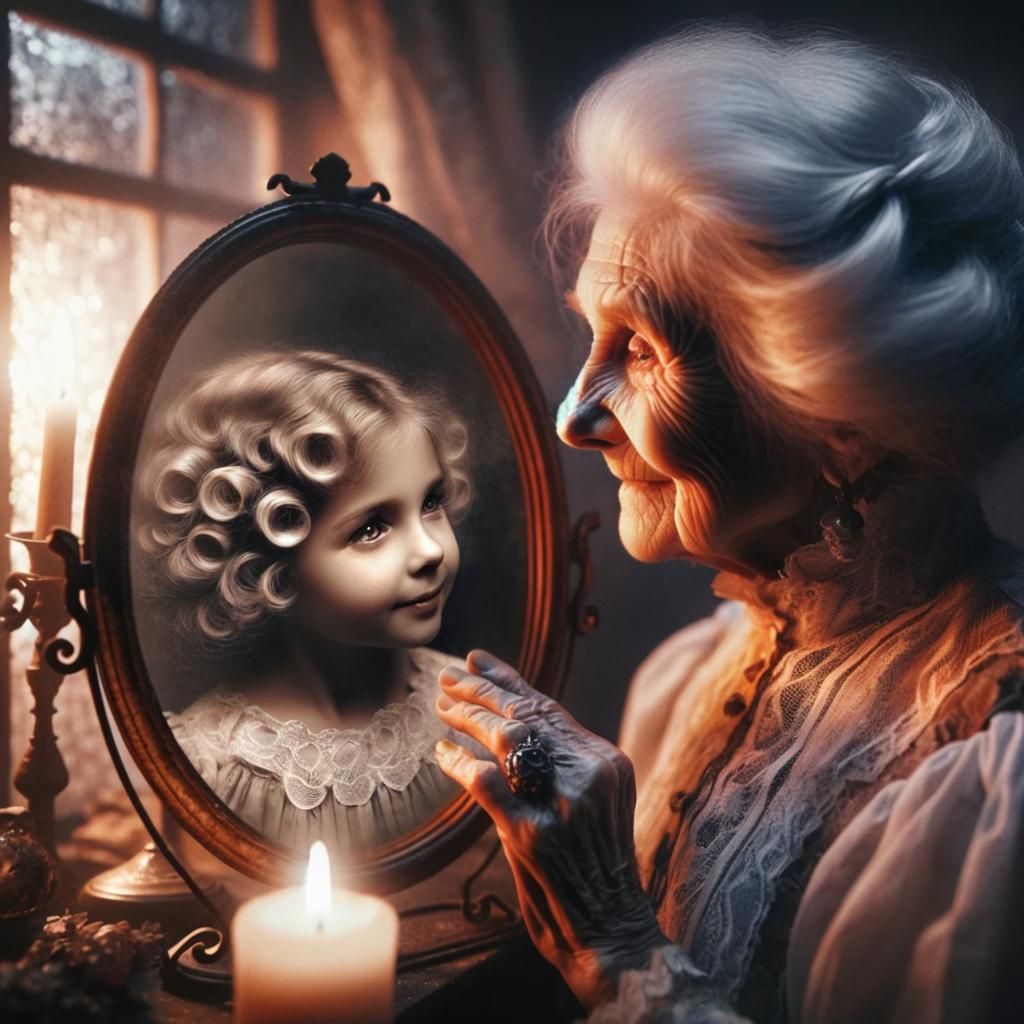 Elderly Woman's Nostalgic Reflection in Candlelight