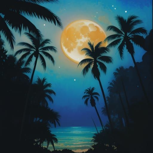 Gouache Painting of Palm Tree Under Glowing Moon