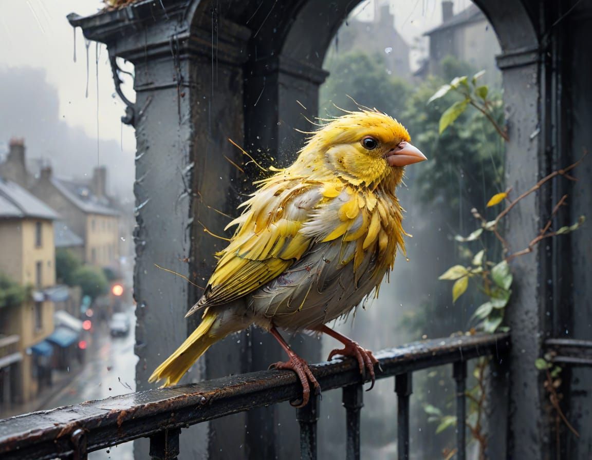 Canary on Balcony as Neo-Impressionist Oil Painting