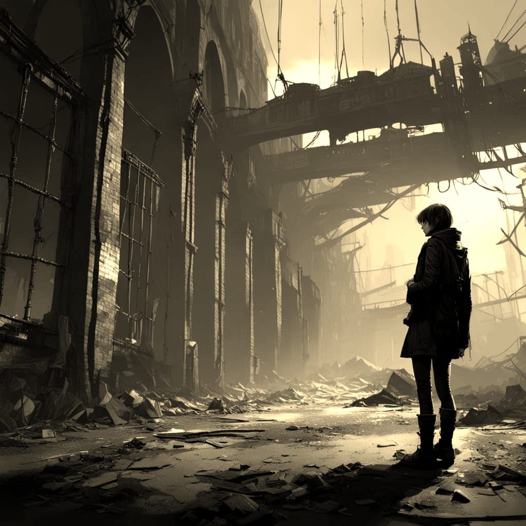 Decaying Underground Corridor with Woman in Black Dress